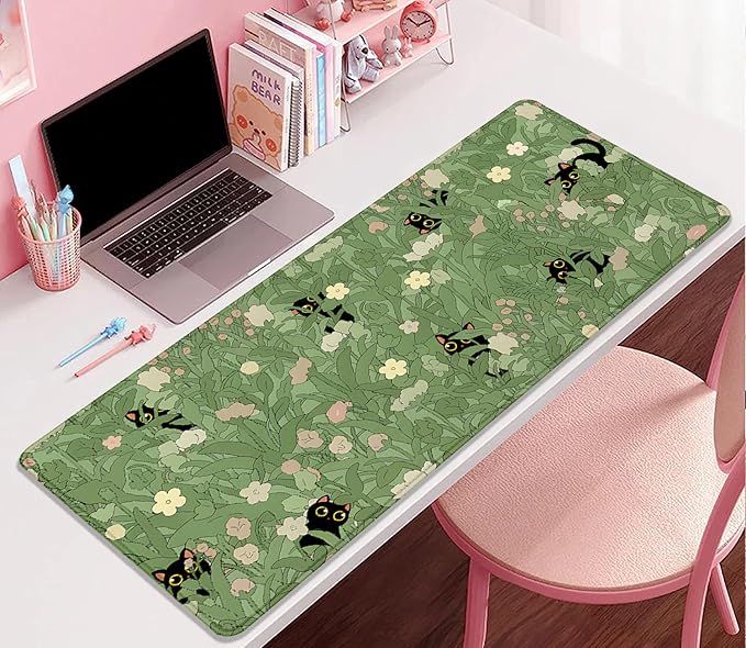 Cute Cats Desk Pad Mouse Pad,Sage Green Plants Flowers Floral Mouse Mat Large,Stitched Edges Non-Slip Waterproof Rubber Base Mous Mat for Office Home Work Gaming(27.5X11.8 in)