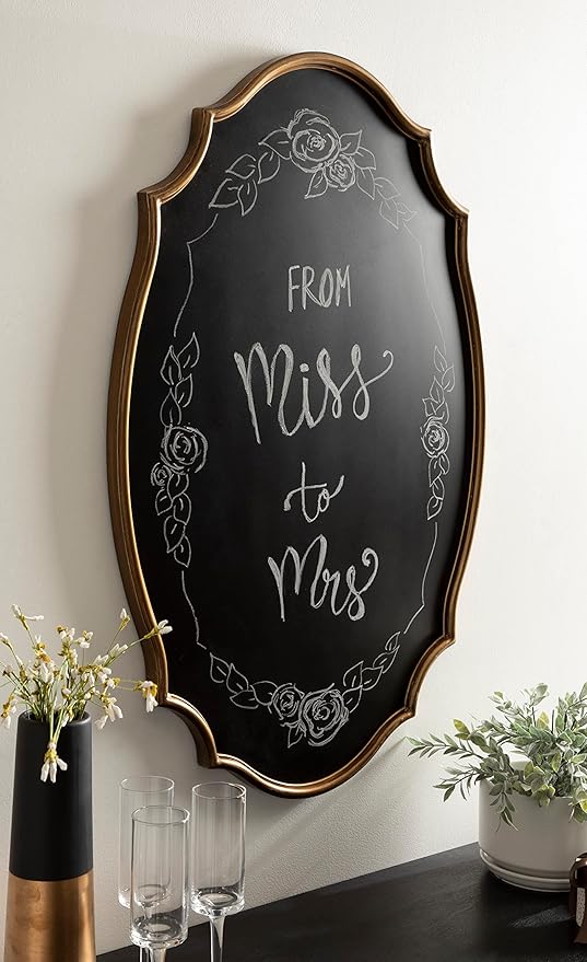 Kate and Laurel Leanna Decorative Scalloped Metal Chalkboard; 24 x 36; Gold; Framed Rounded Oval Vintage Chalkboard for Unique Display; Organization; and Decor