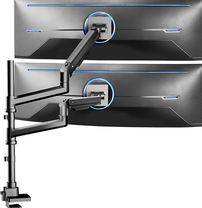 VIVO Pneumatic Arm Dual Ultrawide Monitor Extra Tall Desk Mount for Up to 49 inch Screens, Heavy Duty Clamp, Holds 2 Ultra Wides Up to 44 lbs, Black, STAND-V120K