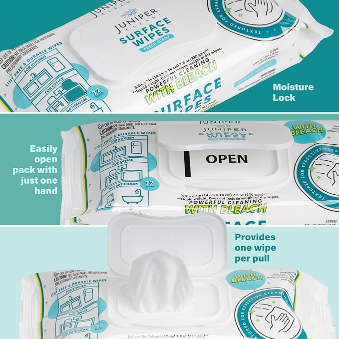 Juniper CLEAN 24 Pack Surface Cleaning Wipes with Bleach, All-Purpose Cleaner for Bathroom, Kitchen, Office, 1728 Count Soft Flow, Fresh Scent, Lint Free & Durable