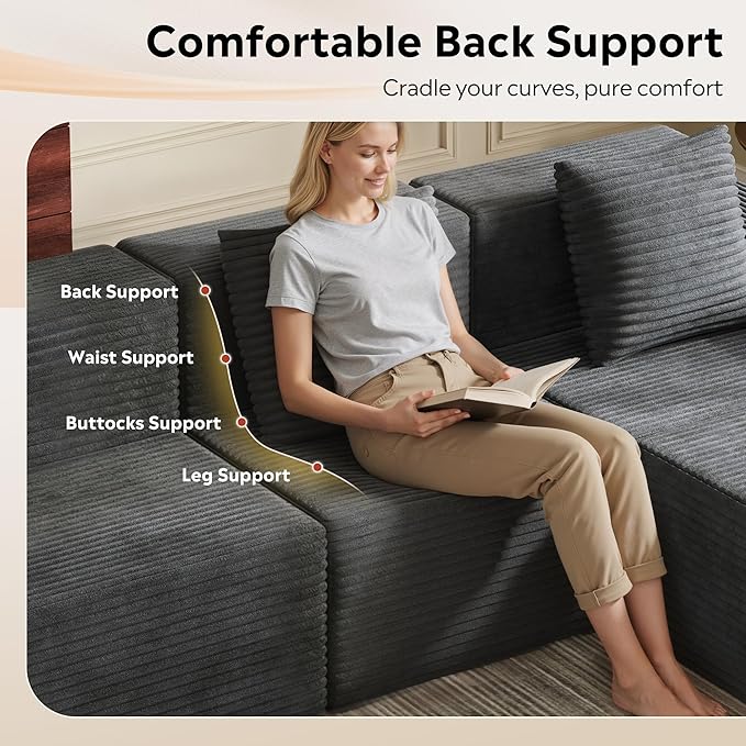 WLIVE 32'' Boneless Couch for Living Room, Modular Sectional Sofa, Cloud Memory Foam Couch L Shape with Chaise, Grey