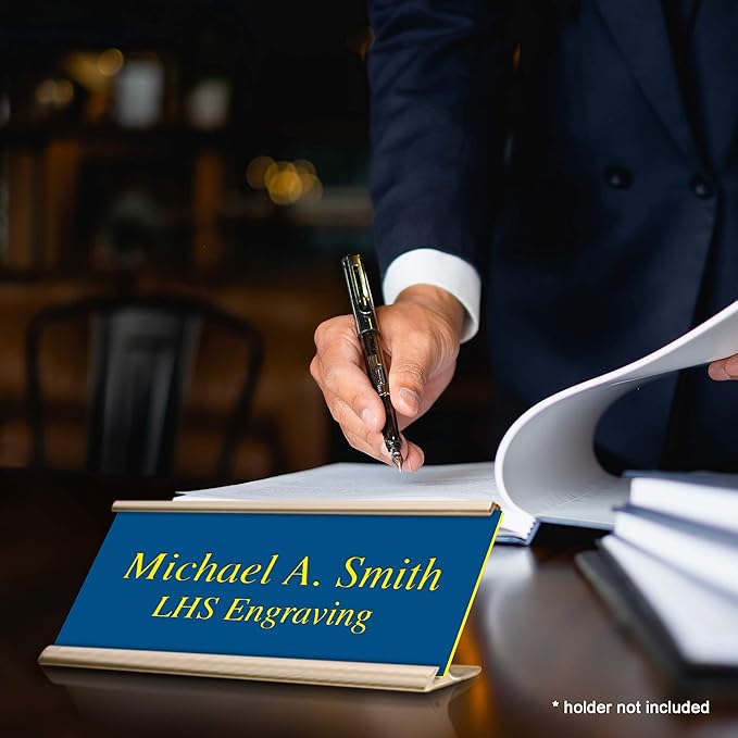 Engraved Door Signs for Office Personalized Blue Plastic Door Plaque with Yellow Letters - Made in USA 2x10 B20