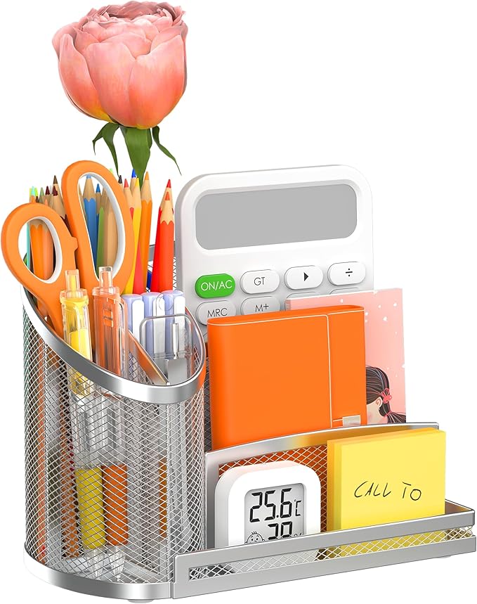 OrgMate 3 Compartment Pen Holder with Vertical Mail Organizer and Flower Tube, Metal Mesh Desk Organizer Modern Decor Aesthetic-Paper Letter Sorter Ideal for Pencil,Envelope and File(Silver)