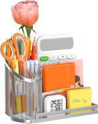 OrgMate 3 Compartment Pen Holder with Vertical Mail Organizer and Flower Tube, Metal Mesh Desk Organizer Modern Decor Aesthetic-Paper Letter Sorter Ideal for Pencil,Envelope and File(Silver)