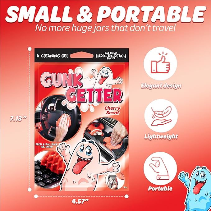 Gunk Getter, Cleaning Gel for Those Hard to Reach Places, Automotive Cup Holder Electronic Keyboard Office, Slime Gel Cleaner Dust Crumb Removal (Cherry, 12 Pack)