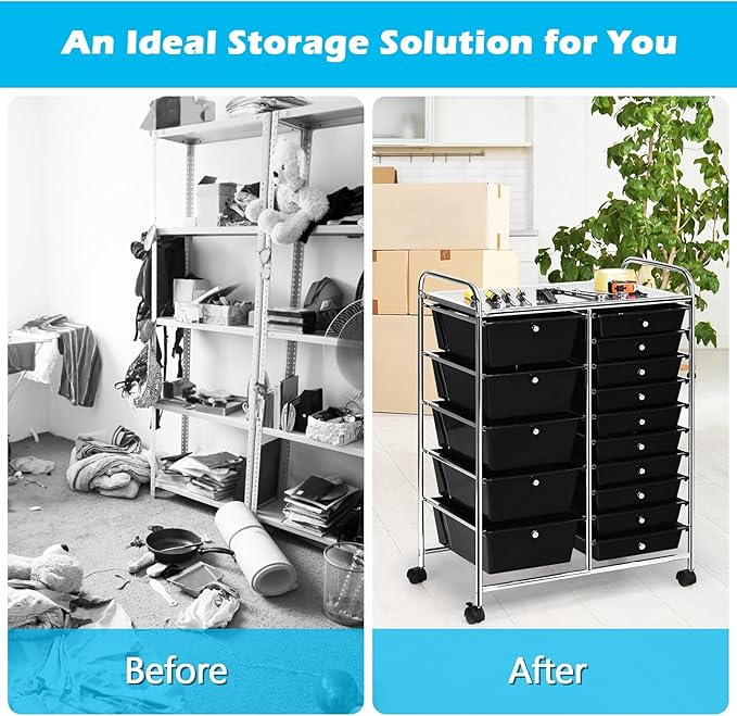DORTALA 15-Drawer Rolling Storage Cart with Drawers, Rolling Utility Cart w/Removable Drawers & Universal Wheels, Tools Scrapbook Paper Organizer for School, Office, Home, Classroom (Black)