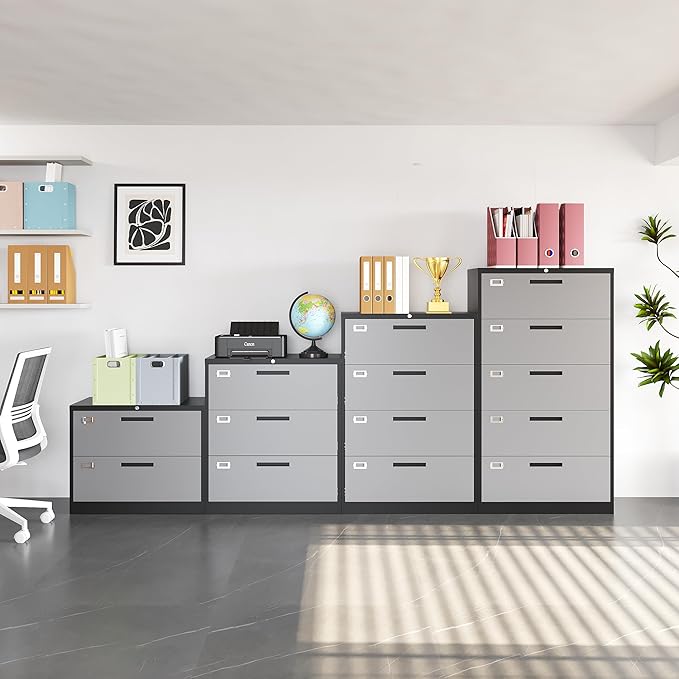 Fesbos 3 Drawer Lateral File Cabinet with Lock, Metal Steel Filling Cabinets for Home Office, Gray Lockable Storage Cabinet for Hanging Files Letter/Legal/F4/A4 Size-Assembly Required