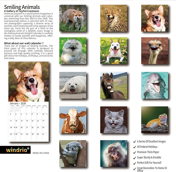2026 Wall Calendar,Calendar 2026, November 2025 - December 2026, Wall Calendar Smiling Animals, 12" x 24" Opened,Full Page Months Thick & Sturdy Paper for Calendar Organizing & Planning