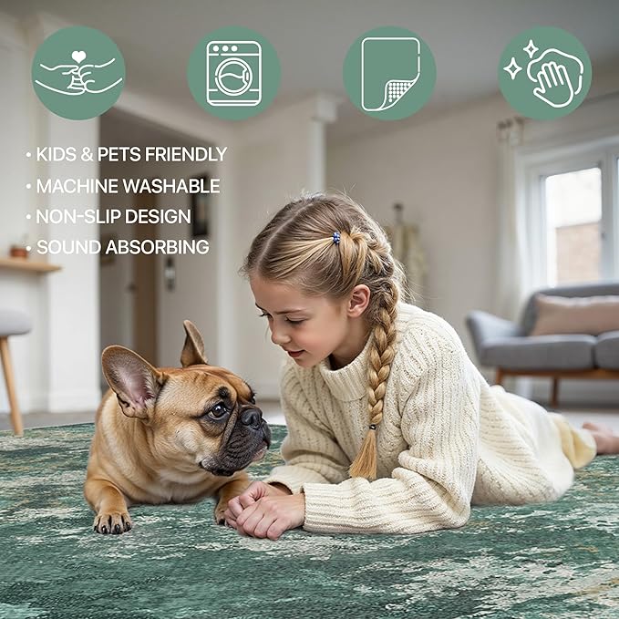 GENIMO Washable Rugs 8x10 Area Rugs for Living Room Bedroom, Modern Lightweight Rug Ultra Soft Indoor Area Rugs 8x10 for Dining Room, Low Pile Carpet with Non Slip Backing, Turquoise