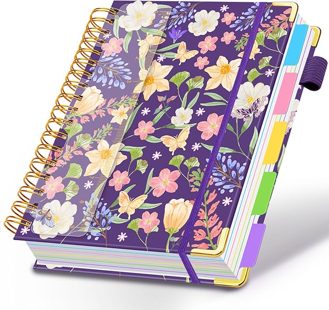 Spiral Journal Notebooks for Work, 300 Pages 5 Subject Notebook College Ruled with Dividers & Tabs, 8''x 10'' Large Notebook Journal for Women Students Note-Taking and Organizer (Purple Floral)