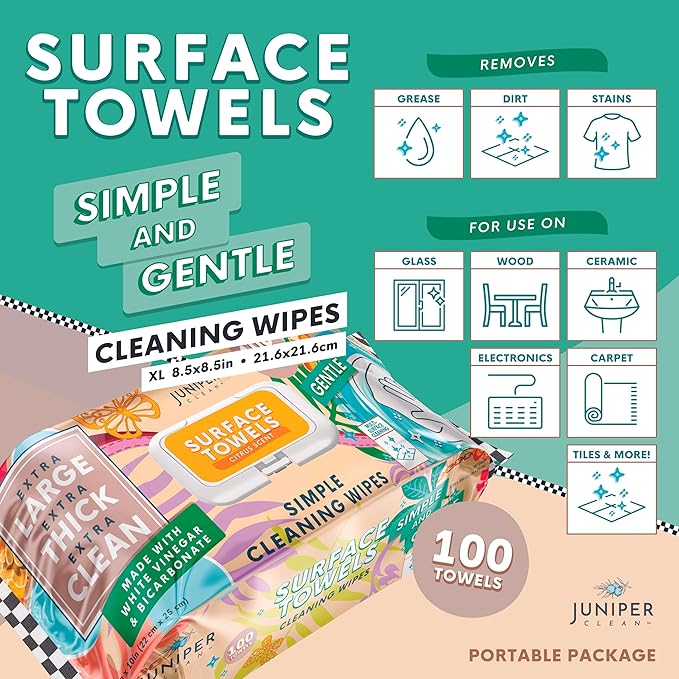 Juniper CLEAN Single Surface Cleaning Wipes Bleach Free, Thick & Large Dispose, All-Purpose Cleaner for Bathroom, Kitchen, Office, 100 Count Soft Flow, Biodegradable, Citrus Scent