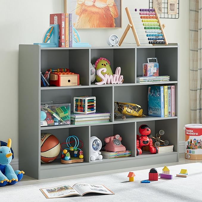 Onirw 3-Tier Bookshelf, 8-Section Wooden Bookcase, Storage Organizer with Anti-Tilt Device, Modern Storage Display Cabinet for Living Room, Classroom, Kid’s Room (Grey)