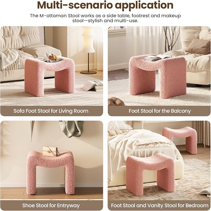 ZYKZYK Ottoman Vanity Seat, Plush Velvet Backless Stool and Small Foot Rest, Modern Accent Seating for Bedroom, Makeup Table or Living Room, Pink