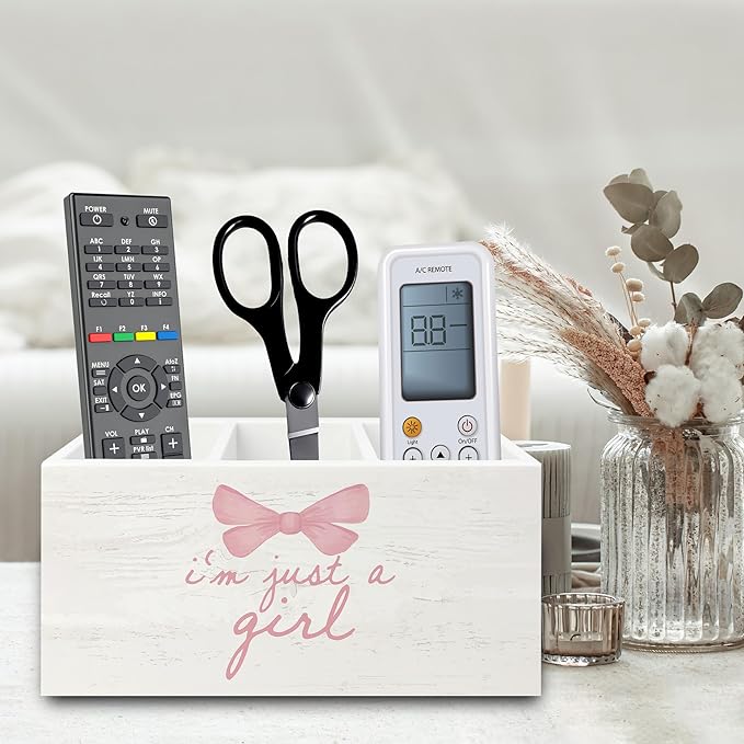 XPH Pink Coquette Bow Preppy Pen Pencil Holder Organizer for Desk, Preppy Desk Decor, I'm Just a Girl Pink Wooden Box Sign for Girly Room Bedroom Dorm Tabletop Decorations