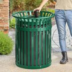 Zedfire 36 Gallon Green Waste Bin with Flat Lid, Outdoor Heavy-Duty Commercial Trash Can Steel Slatted, Round Recycle Container, Durable Garbage Can for Parks, Municipalities, Parking, Schools