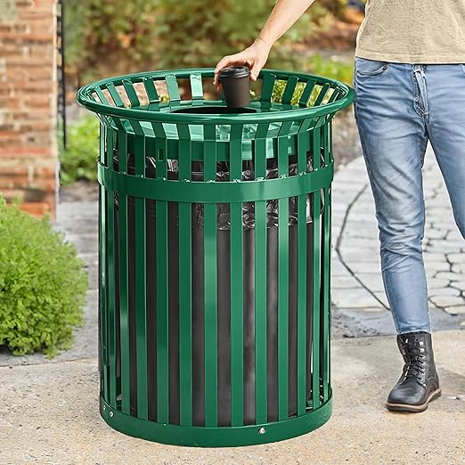 Zedfire 36 Gallon Green Waste Bin with Flat Lid, Outdoor Heavy-Duty Commercial Trash Can Steel Slatted, Round Recycle Container, Durable Garbage Can for Parks, Municipalities, Parking, Schools