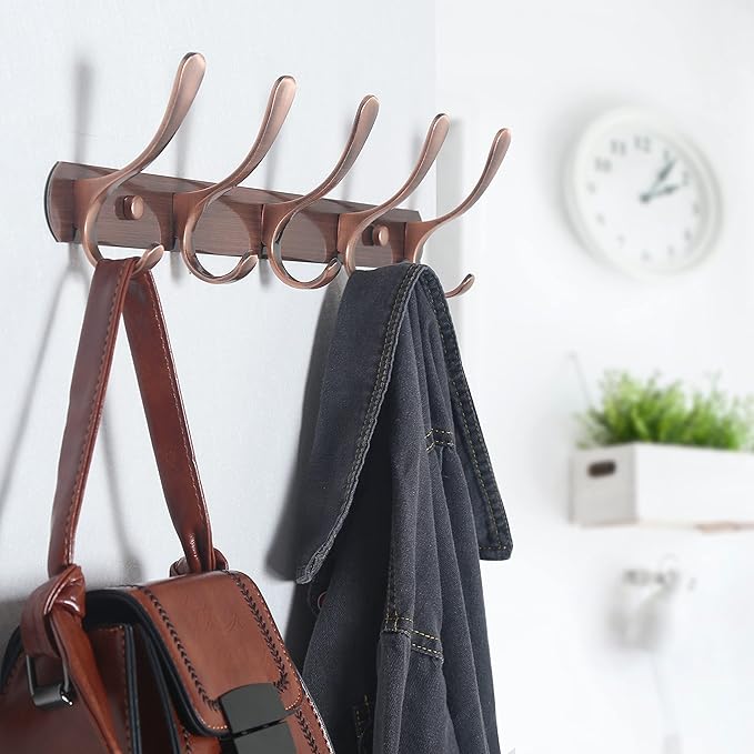 SKOLOO Coat Rack Wall Mount - Modern, Metal Wall Coat Rack with 5 Hooks, Sturdy Wall Hook Rack Rail for Hanging Coat, Jacket, Clothes, Hat, Red Copper