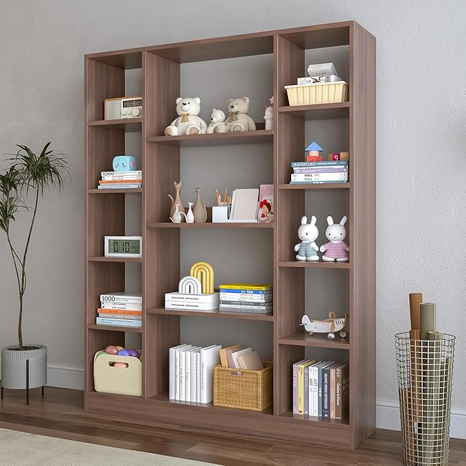 OSCHF Cube Storage Bookcase with Base - Large Wooden Bookshelf with 10 Open Cubes and 4 Shelves for Home and Office, Freestanding Organizer, Walnut