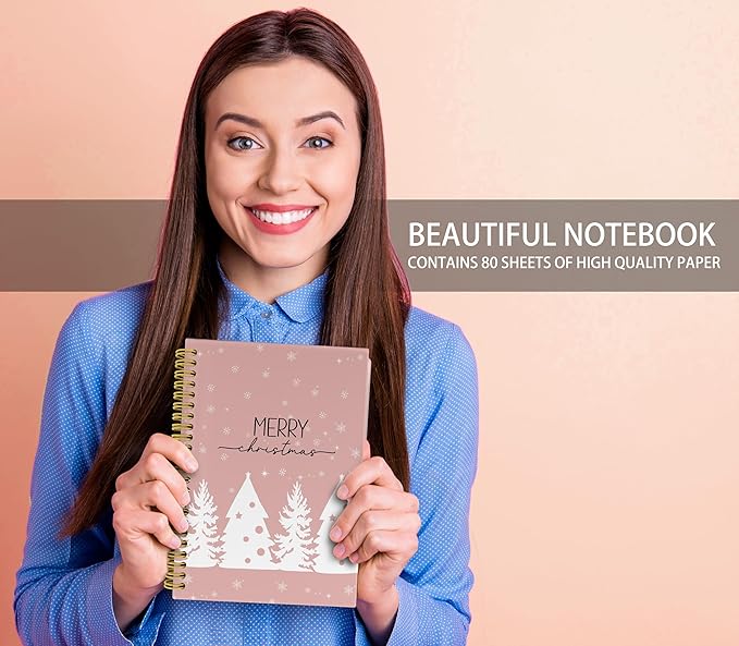 Knibeo Pink Christmas Notebook Journal - Christmas Tree Notebook, Pink Christmas Notebook, Merry Christmas Notebook, 5.5×8.3 Lined Paper Spiral Bound Notebook with 164 Pages