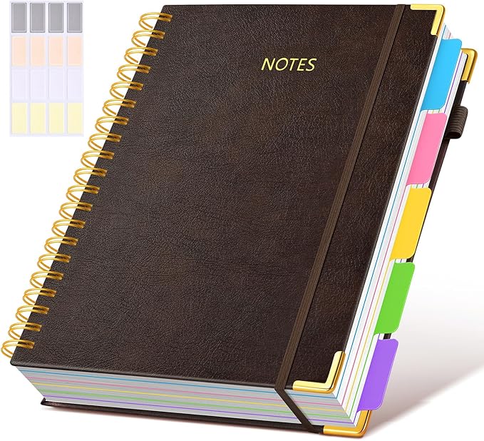 Hardcover Spiral Notebook 8.5"x11" Journal with Removable Dividers Tabs, 300 Pages Leather 5 Subject Notebook College Ruled, Large A4 Notebooks for Work School, Lined Journal for Women, A4 Brown