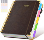 Hardcover Spiral Notebook 8.5"x11" Journal with Removable Dividers Tabs, 300 Pages Leather 5 Subject Notebook College Ruled, Large A4 Notebooks for Work School, Lined Journal for Women, A4 Brown
