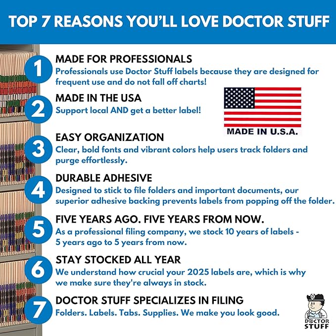 2025 Year Stickers, Doctor Stuff 2025 Chart Stickers, Brown Color Coded, Digi Color Style, USA Made Year Labels for End Tab File Folders, 500/Roll, 1 Roll, 3/4" x 1-1/2"
