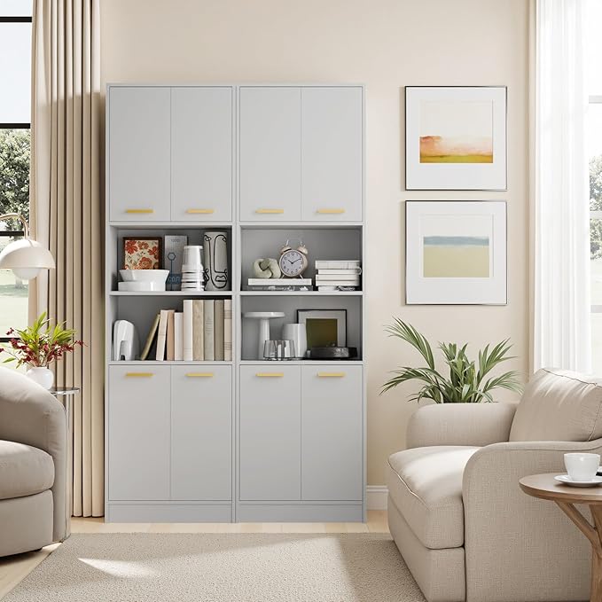 Cozy Castle Kitchen Pantry Cabinet, 75" Tall Wood Storage Cabinet with Doors and Shelves, 4 Doors Open Countertop Utility Hutch Cupboard for Dining Room Living Room Bathroom Furniture, Gray