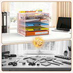 Docnest 5 Tier Letter Tray with Hanging File Organizer-Mesh Desk Organizer-Desktop Storage Box Built in Pen Holder and Handles, File Folder Holder for Mail Documents Office Supplies-Pink