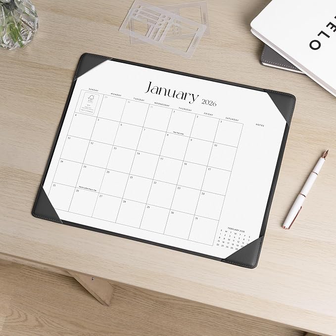 Cabbrix Desk Calendar 2026 with Desktop Mat, Simplified Medium Desk Pad Calendar 15" x 12" January 2026 to June 2027, Desk Blotter Calendar for Home School and Office (Dark Black)
