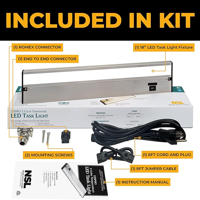 LED Under Cabinet Lighting Hardwired - 3CCT 18 Inch Satin Finish - Undercabinet Lights for Kitchen - Linkable Undercounter Dimmable Plug in Light or Hard Wired - Under Counter Fixture Direct Wire