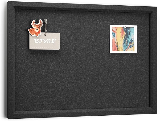 Fluxynara Felt Cork Board Alternative, Felt Bulletin Board 16" x 12" Black Frame with 8 Adhesive Tabs, Pin Board for Home Office, Classroom, Entryway, Kitchen Wall Decor—Black