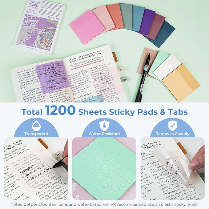 Nicpro 62 PCS Aesthetic Book Annotation Kit with Case, Book Annotation Supplies with No Bleed Highlighters, Pens, Markers and 1200PCS Transparent Sticky Notes, Index Tabs for Bible Study Supplies