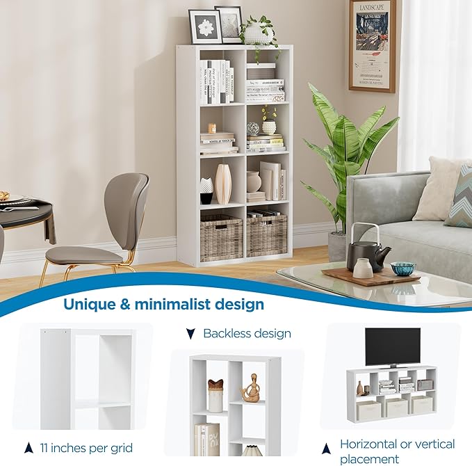 Jpiziso 8 Cube Storage Organizer, Cube Shelf with Heavy-Duty Thick Boards, 25.12" L x 9.37" W x 48.74" H, Smooth Easy-Clean Panels, Simple Assembly, for Living Room Bedroom Office, White