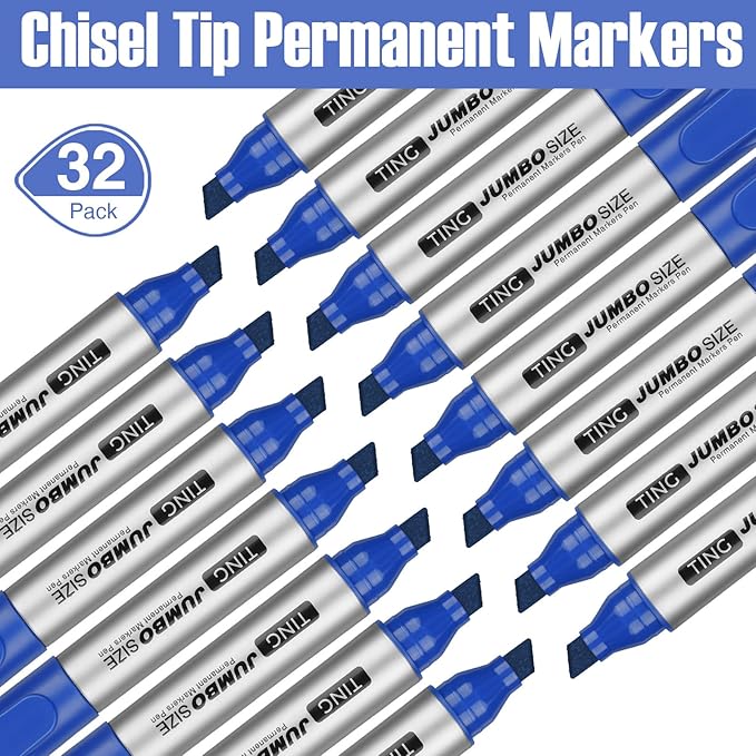 Fuutreo 32 Pcs Jumbo Permanent Markers Bulk Large Chisel Tip Permanent Markers Waterproof Jumbo Pens Quick Drying Office Supplies(Blue)