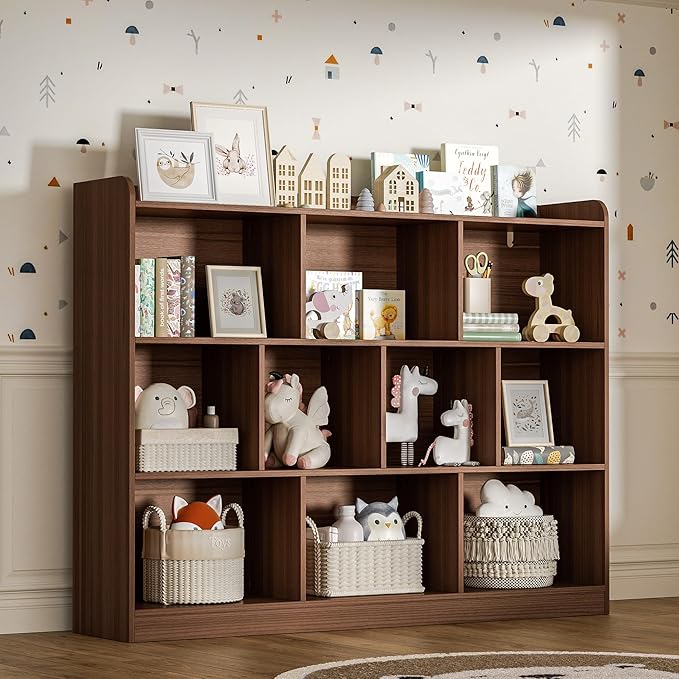 DIYART Brown Bookshelf, Wood Bookcase with 3 Tier Open Shelves, 10-Cube Minimalist Storage Shelf for Living Room, Bedroom, 55.1" W x 42.5" H