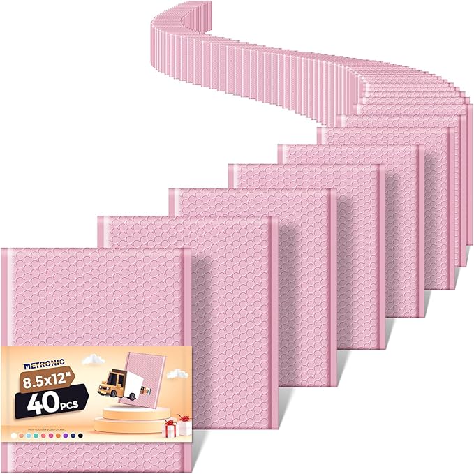 METRONIC 8.5 x 12 Bubble Mailers 40 Pack, Light Pink Bubble Mailers, Strong Adhesion Padded Envelope, Shipping Envelope Bubble Mailer, Bubble Envelopes for clothing, Bubble Mailer Usable Size 8.5 x 11