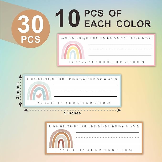 30 Name Tags Labels - Boho Rainbow Self Adhesive Name Plates, Desk Label, Locker Stickers for Classroom School, Student, Teacher Decorations & Supplies - A01