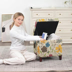 Adeco 18 Inch High Cube Ottoman Storage, Floral Printed Linen Chair Foot Stools, Upholstered Vanity Stool with Hinged Lid, Solid Wood Legs