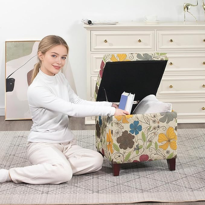 Adeco 18 Inch High Cube Ottoman Storage, Floral Printed Linen Chair Foot Stools, Upholstered Vanity Stool with Hinged Lid, Solid Wood Legs
