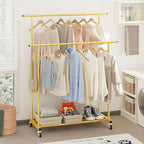 Calmootey Double Rod Clothing Garment Rack,Rolling Hanging Clothes Rack,Portable Clothes Organizer for Bedroom,Living Room,Clothing Store,Gold