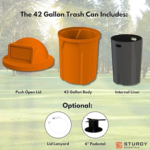 Sturdy Essentials Campus Collection 42 Gallon Circle 100% Recycled Plastic Heavy-Duty Outdoor Commercial Trash Can with Push Open Dome Lid and Internal Liner Great for Schools and Businesses - Orange