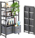 4NM No Assembly Folding Bookshelf Storage Shelves 4 Tiers Vintage Bookcase Standing Racks Study Organizer Home Office (All Black)