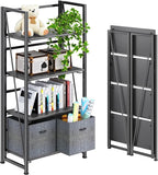 4NM No Assembly Folding Bookshelf Storage Shelves 4 Tiers Vintage Bookcase Standing Racks Study Organizer Home Office (All Black)