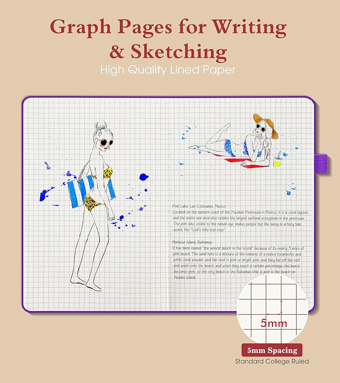 PAIBAS Graph Notebook for Women Men, 160 Pages Grid Paper, Graphing Notebooks for School, Work, Quad Ruled, Inner Pocket, A5 Hardcover Vintage Leather Journals for Writing, 5.8"x8.5" (Purple)
