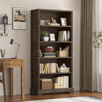 TVU 5-Tier Solid Wood Book Shelf, Floor Standing Bookcase, 65" H × 31.5" W × 11.8" D Bookshelf, Farmhouse Style Book Case with Arched Base, Suitable for Living Room, Study, Office, Rustic Brown