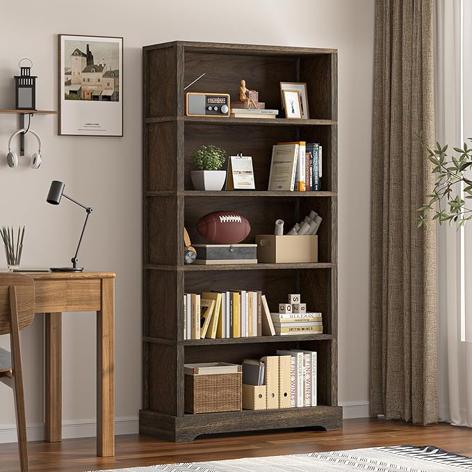 TVU 5-Tier Solid Wood Book Shelf, Floor Standing Bookcase, 65" H × 31.5" W × 11.8" D Bookshelf, Farmhouse Style Book Case with Arched Base, Suitable for Living Room, Study, Office, Rustic Brown