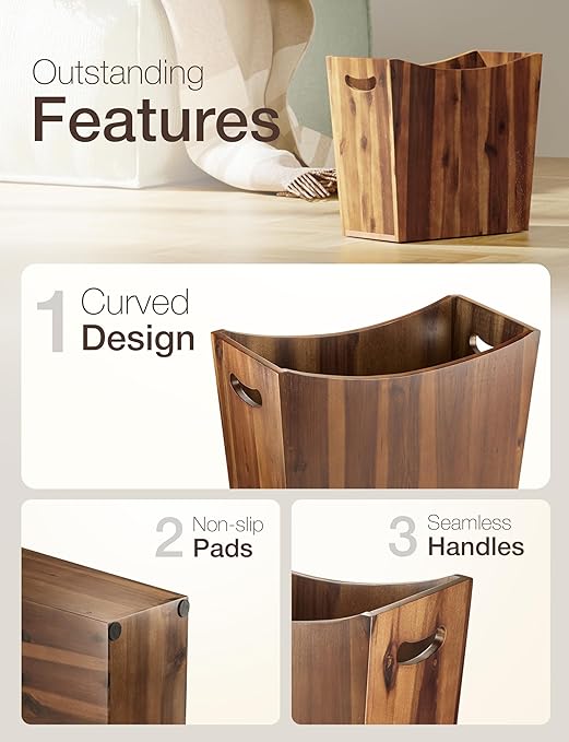 Tidita 3 Gallons Rectangular Wastebaskets - Acacia Wood Waste Basket with Handles - Small Trash Can for Bathroom - Brown Garbage Bin for Spa Bathroom Decorative, Kitchen Counter, Living Room (Walnut)