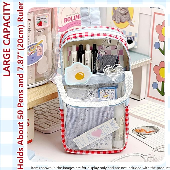 UINSUE Cute Pen case Adorable Bunny Transparent 3-Layer Large Capacity Pencil Case Gadget organizer with Lovely Stickers (Pink Polka Dot)