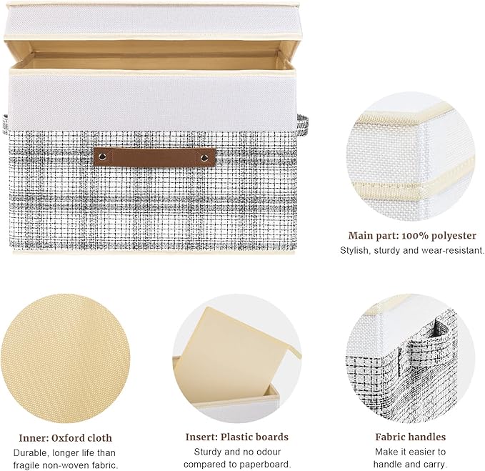 TYEERS Collapsible Storage Bins with Lids, Patchwork Design, Washable, Fabric Storage Boxes, 14.9x9.8x9.8 inches, 5 Pack, Gray