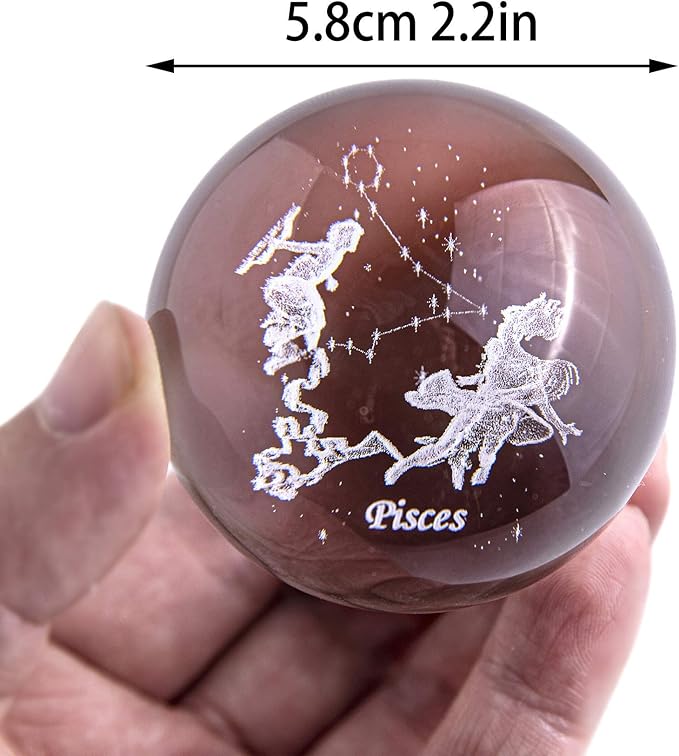 3D Inner Carving Constellation Ball Crystal Paperweight Full Sphere Glass Fengshui with Sliver-Plated Flowering Stand(Pisces)